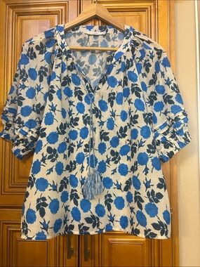 Blue Floral Tie-Neck Women’s Blouse